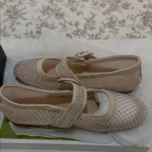 FSJ Cream Mesh Flats with Rhinestone Detailing